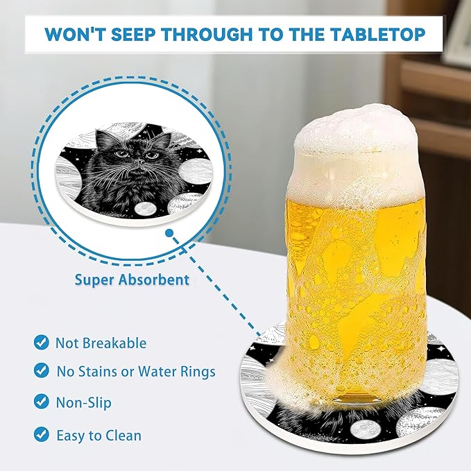 Black Cat Drinks Coasters Set of 4,Ceramic Absorbent Stone Cup Mat with Cork Base,Table Home Decor, Ideal Gifts for Women Men