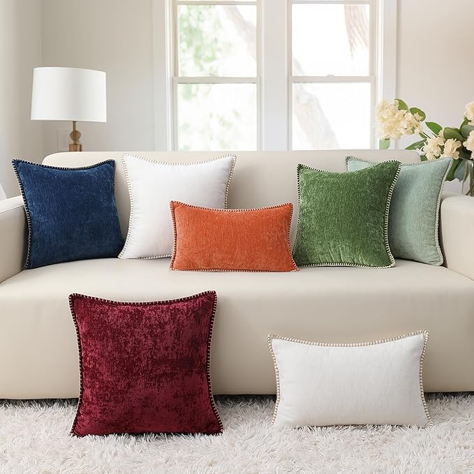 decorUhome Fall Chenille Soft Throw Pillow Covers 12x20 Set of 2, Lumbar Velvet Farmhouse Neutral Decorative Euro Pillow Covers with Stitched Edge for Couch Sofa Bed Home Decor, Forest Elf