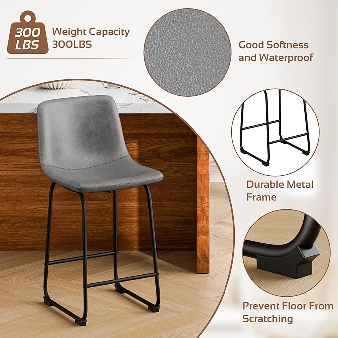 Bar Stools Set of 4, 26 Inches Counter Height Barstools with Back, Modern Faux Leather Bar Stool with Metal Legs and Footrest for Kitchens Island (Grey)
