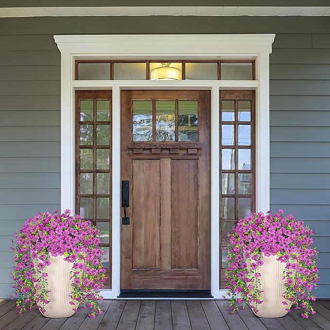 Artificial Fake Hanging Plants Flowers for Spring Outdoor Outside Decor, Faux Mums Silk Realistic Flower, 2 Pcs UV Resistant Look Real Plastic Decorations for Porch Home Patio Balcony Yard