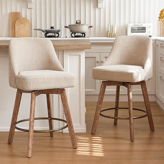 IWOOD Mid Century Modern Counter Height Bar Stools Set of 4,360° Swivel Barstools with Solid Wood Legs,26'' Island Chairs with Wrap-Around Backrest，Sand Linen Comfort Fabric