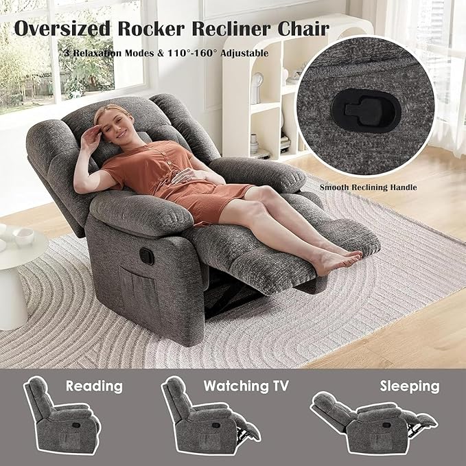 Oversized Recliner Chair, Adjustable Recliner with Side Pockets, Living Room Reclining Lounge Chair for Adults, Small Spaces Comfy Sofa with Theater Seating for Bedroom, Gray