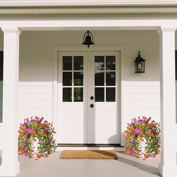 Artificial Flowers for Outdoors Decoration, 2 Pcs Outdoor Faux Plants Daisy with Eucalyptus Leaves Summer UV Resistant Fake Flowers Hanging Planters for Front Porch Patio Yard Door Garden Home Decor