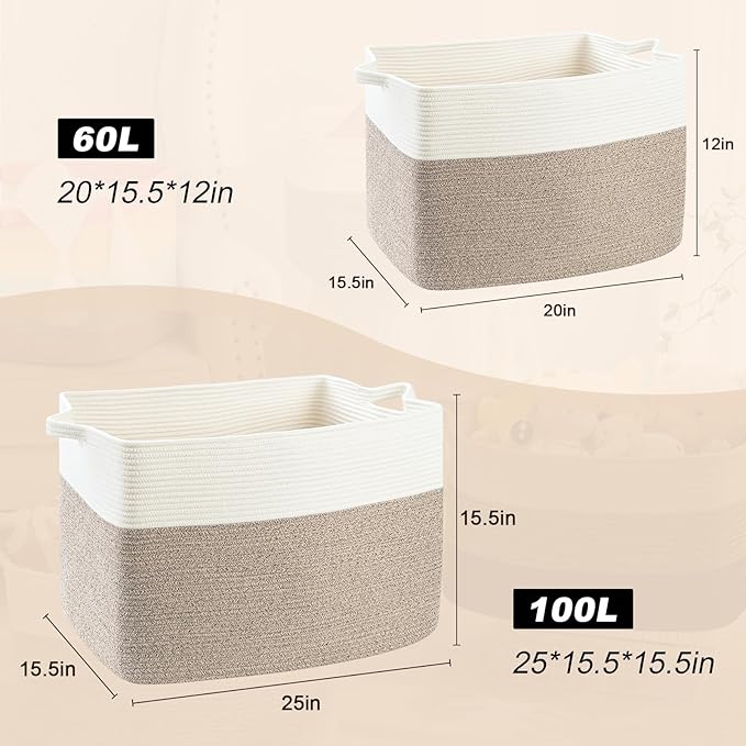 Large Blanket Basket, 60 L Rectangle Storage Baskets for Organizing, Woven Laundry Basket for Blankets, Cotton rope Blanket Storage for Living Room, Nursery Room, Brown