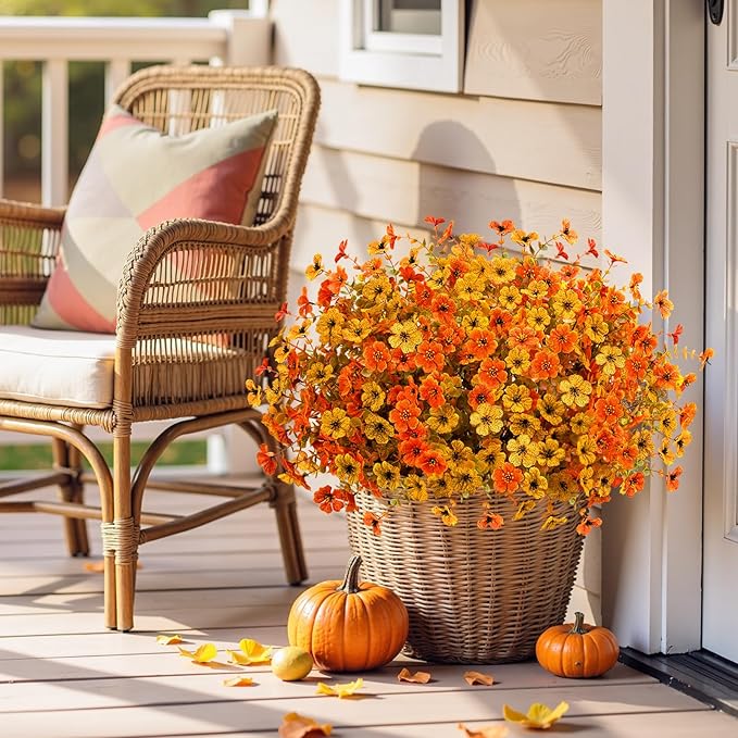 Artificial Mums Fall Fake Flowers for Outdoors, 12 Bundles Faux Mums for Outdoor Planters Decorations,UV Resistant Silk Flowers Plastic Plants for Front Porch Garden Patio Home Decor (F-Orange Yellow)