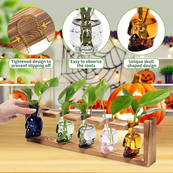 Plant Terrarium Propagation Stations Halloween Skull Planter Vase Skulls Decor with Wooden Stand Gife for Father - 5 Vases