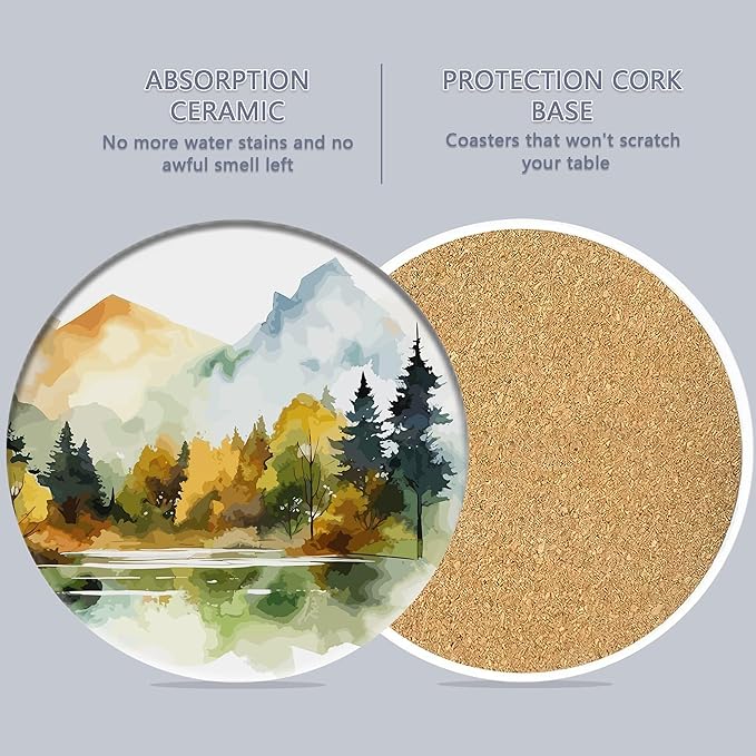 Table Coaster for Drinks Set of 6, Watercolor Misty Forest Round Ceramic Coasters,with Cork Base and Metal Holder,Great Housewarming Birthday Gifts,Home Decor