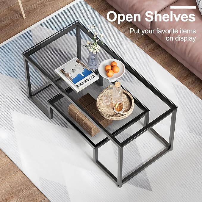 Coffee Table Grey Glass Coffee Table for Living Room,2 Tiers Rectangle Center Table with Sturdy Metal Frame,Modern Tempered Glass Accent Table for Bedroom Home Office
