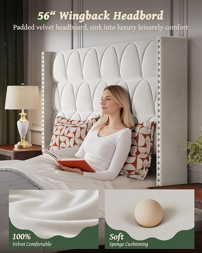 King Size Bed Frame with 56" Headboard - 1000LBS Capacity Support, Velvet Upholstered Wingback Platform Bed Frame, Noise Free, Sturdy Wooden Slat Support