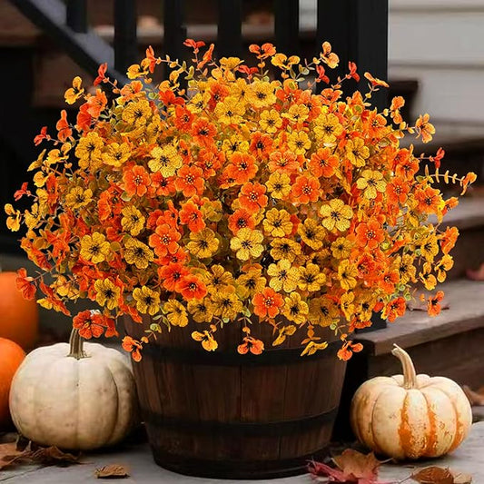 Artificial Mums Fall Fake Flowers for Outdoors, 12 Bundles Faux Mums for Outdoor Planters Decorations,UV Resistant Silk Flowers Plastic Plants for Front Porch Garden Patio Home Decor (F-Orange Yellow)