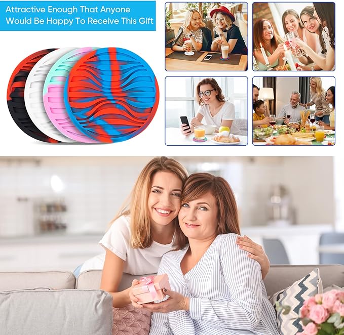 6 Pack Rubber Drink Coasters,Coasters for Drink with Holder,Silicone Cup Mat Non-Stick,Non-Slip,Thickened Live for Hot or Cold Drink(Blue Red)