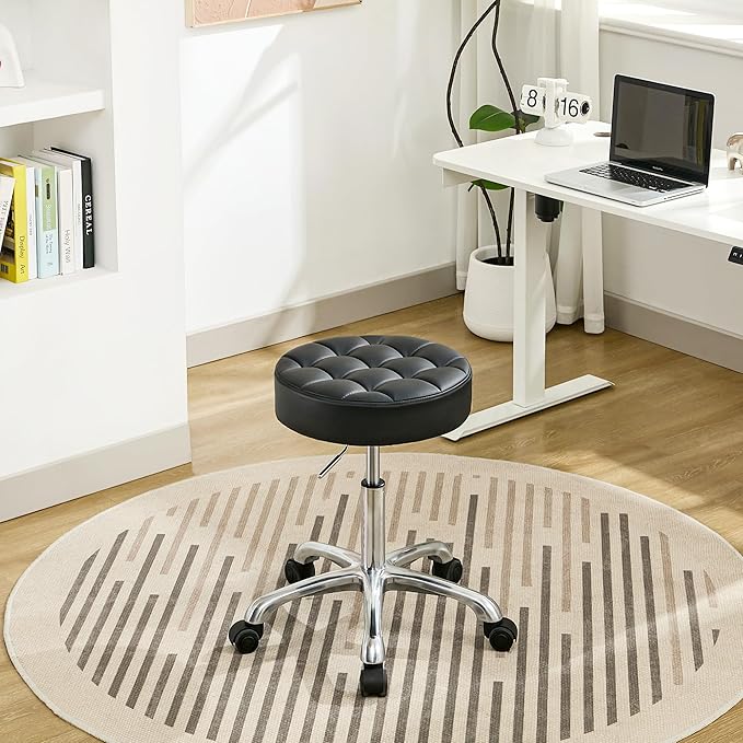 Work Stools with Wheels (300lbs Capacity) (Sturdy Aluminum Base) Black Leather Salon Stools (Black)