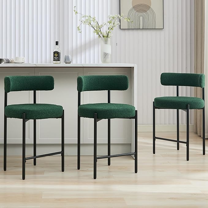 24'' Boucle Bar Stools Set of 3, Green Bar Stools with Backs, Counter Height Bar Height Stools for Kitchen Island, Upholstered Bar Chairs