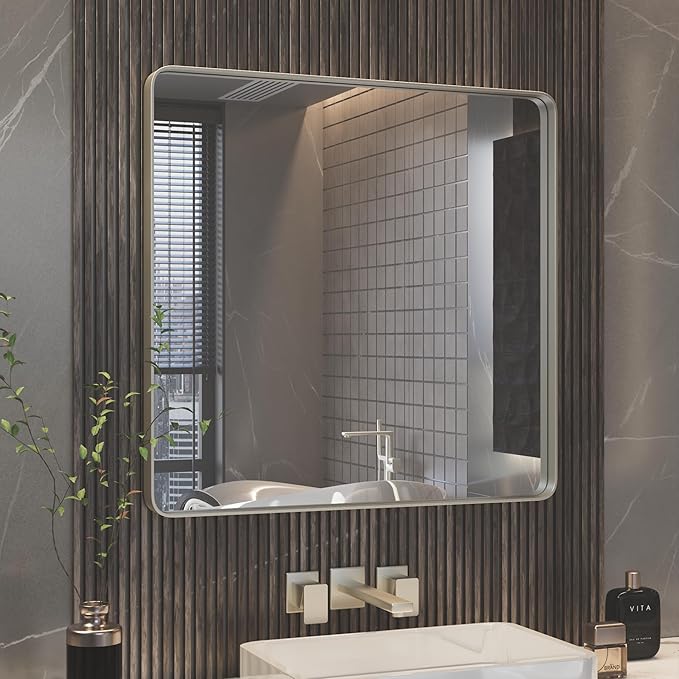 ISKM 30" x 30" Silver Framed Mirror for Wal Metal Framed Wall Mirror for Bathroom Rounded Corner Vanity Mirrors Wall Mounted Tempered Glass, Rounded Rectangle Mirror(Horizontal/Vertical)