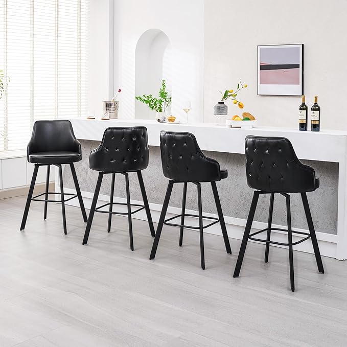 Bar Stools Set of 4, 30" Swivel Bar Height Bar Stools with High Back, Faux Leather Kitchen Barstool for Kitchen Island (Black, 4PCS 30" Bar Stools)