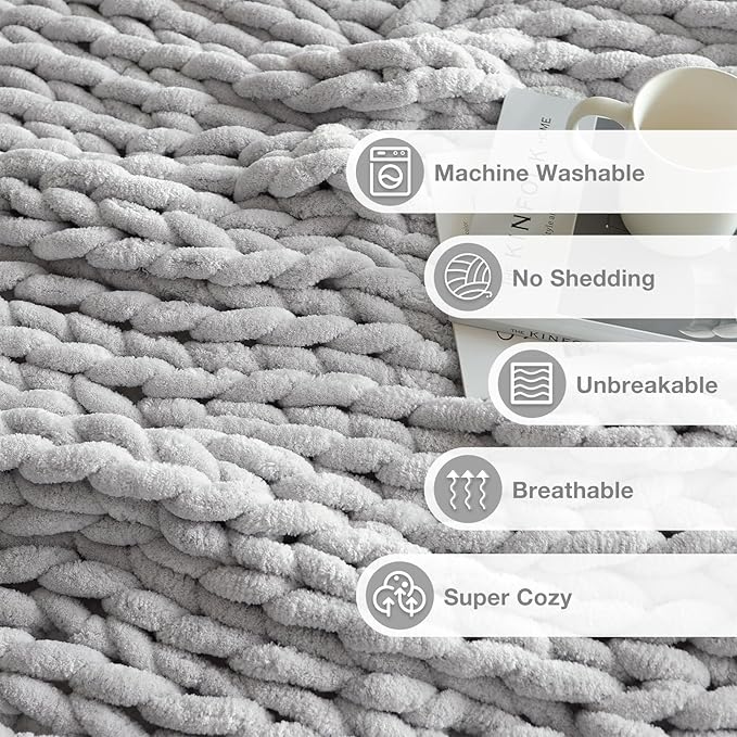 Soft Chunky Knit Blanket, 50X60 in Handmade Thick Chenille Yarn Throw Without Shedding & Raveling, Aesthetic & Cozy Home Decor with Couch Sofa Bed, Gift Pack, Light Grey