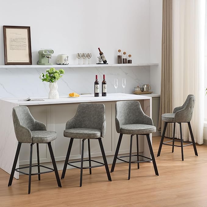 Bar Stools Set of 4, 26" Swivel Counter Height Bar stools with High Back, Faux Leather Kitchen Barstools Counter Height for Kitchen Island (Light Grey, 4PCS 26" Counter Stools)