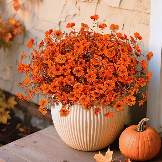 Artificial Mums Fall Fake Flowers for Outdoors, 12 Bundles Faux Mums for Outdoor Planters Decorations,UV Resistant Silk Flowers Plastic Plants for Front Porch Garden Patio Home Decor (B-Orange)