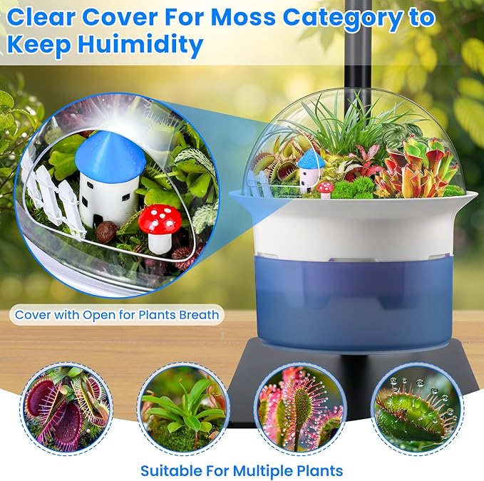 Smart Venus Fly Trap Terrarium Kit with Grow Light Timer & Metal Stand, African Violet Pots Self Watering Planter for Cactus,Herbs,Carnivorous Plants, Christmas Birthday Gifts for Women Garden Lover