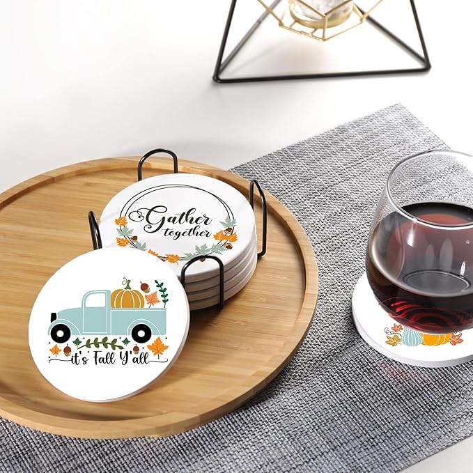 Fall Drink Absorbent Coasters with Holder Set of 6, Ceramic Stone with Cork Base, Autumn Orange and Blue Pumpkin Pattern Coaster for Drinks, Gift for Housewarming Room Bar Home Decor Kitchen