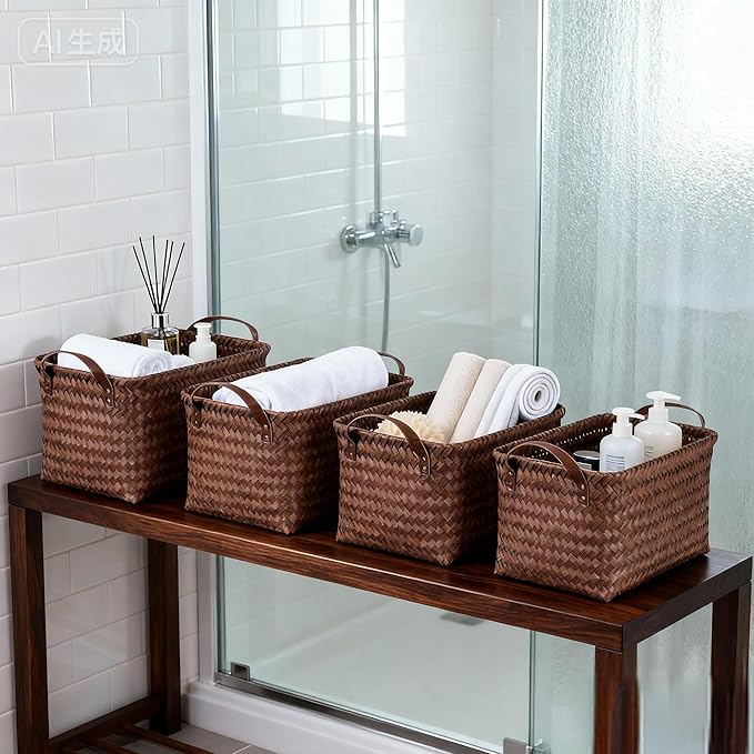 15L Laundry Baskets Waterproof Storage Baskets For Shelves Large Laundry Hamper With Leather Handle -set of 4 Cube Organizers Woven Bins for Bathroom,Bedroom,Pantry,Clothes,Car & Towels-Brown