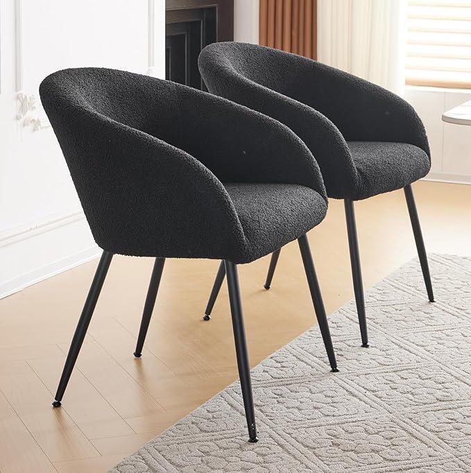 Modern Small Accent Chair, Comfy Sherpa Makeup Vanity Chair with Metal Legs, Decorative Chair no Wheels for Living Room, Dressing Room, Bedroom, Black