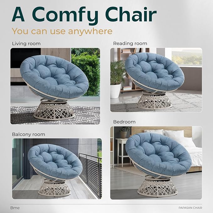 Bme 40" Ergonomic Wicker Papasan Chair with Soft Thick Cushion & Frame, 360° Swivel, Circle, Reading, Comfy Chair for Living Room, Bedroom