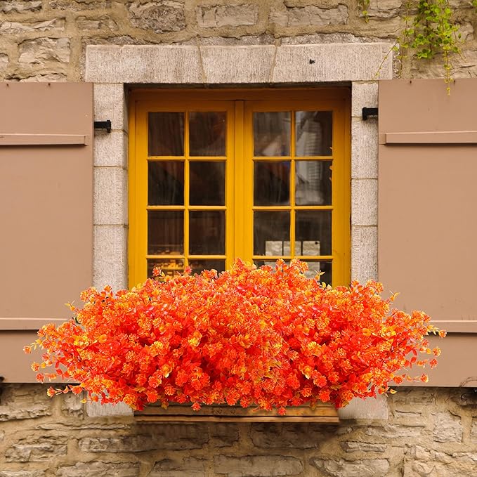 SITUMEIZI Artificial Mums for Outdoor Fall Flowers,Faux Flower Eucalyptus Leaves Fake Plants Greenery Outside Plastic Proch Patio Front Fall Halloween Thanksgiving Decorations(8Pcs,Orange)