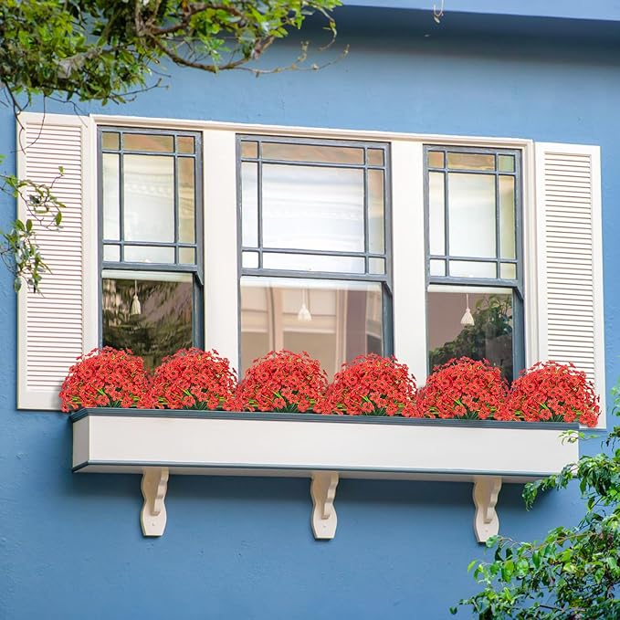 Outdoor Artificial Flowers 21 UV Resistant Bundles Fake Flower Plastic Plants Faux Silk Flowers Porch Hanging Garden Porch Window Box Decorating (Red)
