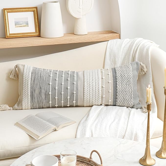 BlissBlush Gray Boho Lumbar Throw Pillow Cover 14x36 Grey Accent Long Body Lumbar Pillow for Bed Decorative Modern Bohemian Woven Textured Lumbar Pillow for Bed Cover ONLY