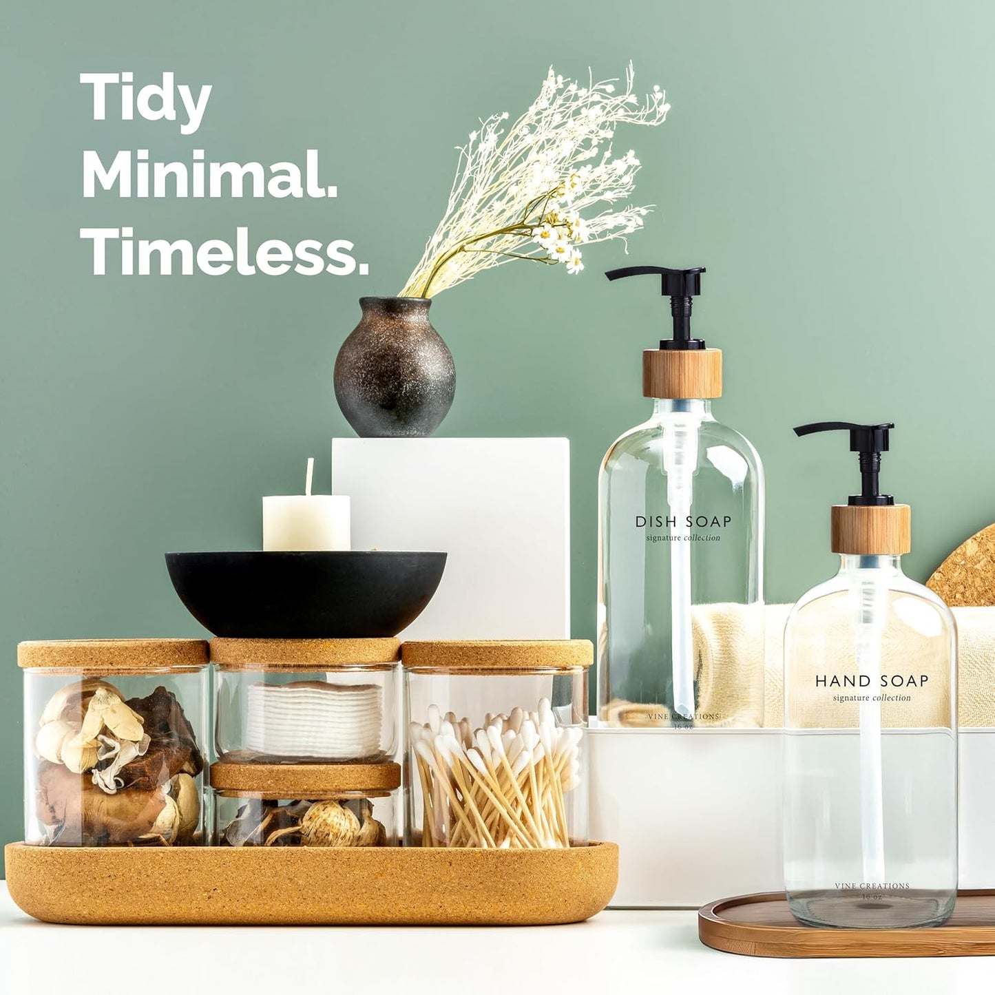 Vine Creations Clear Glass Soap Dispenser Set, Hand Soap and Dish Soap Dispenser Set with Bamboo Tray, 16 oz Glass Dispensers Bottle for Kitchen and Bathroom Decor Modern Boho with Bamboo Pump (Clear)