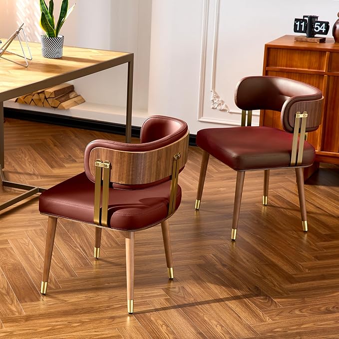 Modern Mid-Century Upholstered Leather Dining Chairs Set of 2 with Thick High-Resilience Foam, Walnut Wood Veneer,Dining Chairs with Anti-Slip Pads,Cherry