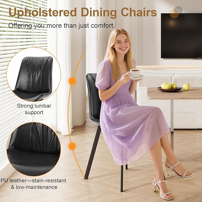 Upholstered Dining Chairs Set of 4, Modern Kitchen & Dining Room Chairs, Faux Leather, Sturdy Metal Legs, for Living Room, Cafe & Restaurant- Black
