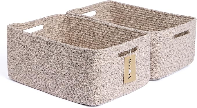 Large Storage Baskets for Shelves, Closet Organizers Bins for Clothes Blanket Towels, Baby Nursery, Toy Baskets Box, Woven Rope Baskets, 17 x 13 x 7.5”, 2 Packs Mixed Brown