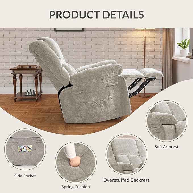 Velvet Rocker Recliner for Adults, Overstuffed Manual Recliner Chair with Spring Cushion, Rocking Chair with Side Pockets, Nursery Glider Recliner Single Sofa for Living Room (Medium, Beige)