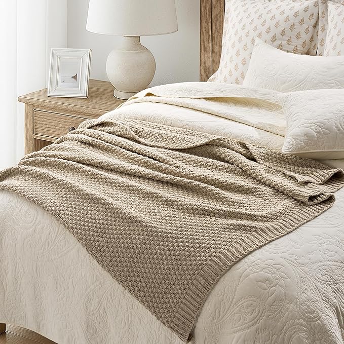 EVERGRACEHOME Chunky Chenille Knit Throw Blanket for Couch, Soft Luxurious Moss Stitch Blankets for Bed, Cozy Decorative Farmhouse Knitted Throws for Sofa, Sand Dune, 50" x 60"