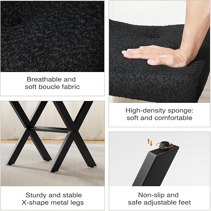 18-Inch Vanity Stool Chair, Vanity Bench with Metal X-Legs, Ottoman Accent Stool with Breathable and Soft Boucle Fabric Saddle Seat, Black