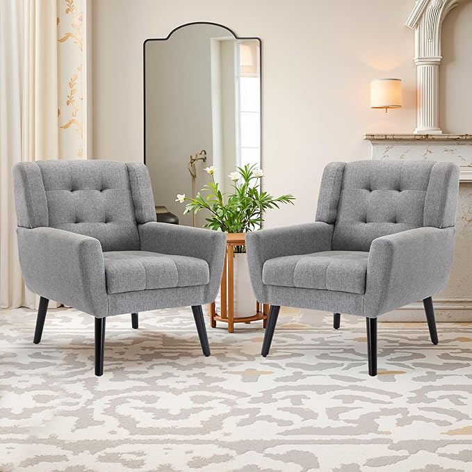 NicBex Accent Chair Set of 2, Modern Chair for Living Room Upholstered Foam Filled Living Room Chairs with Metal Legs Linen Cozy Lounge Armchair for Living Room Bedroom,Light Grey