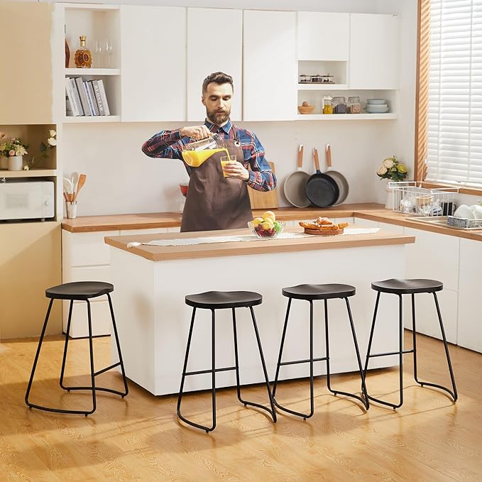 HeuGah Bar Stools Set of 3, Counter Height Saddle Seat Bar Stools, 26" Backless Barstool for Kitchen Island, Black Wood Bar Stool Easy to Assemble (Black, 3 PCS 26Inch Counter Chair)