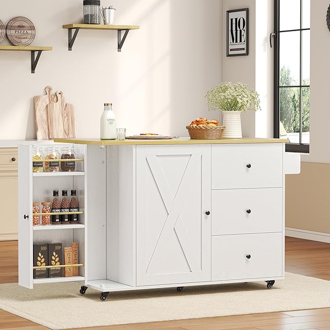 IRONCK Kitchen Island with Storage, 47.2in Rolling Island on Wheels, Kitchen Cart with Drop Leaf, 3 Spacious Drawers, Storage Cabinets and Towel Rack for Home, Dining Room