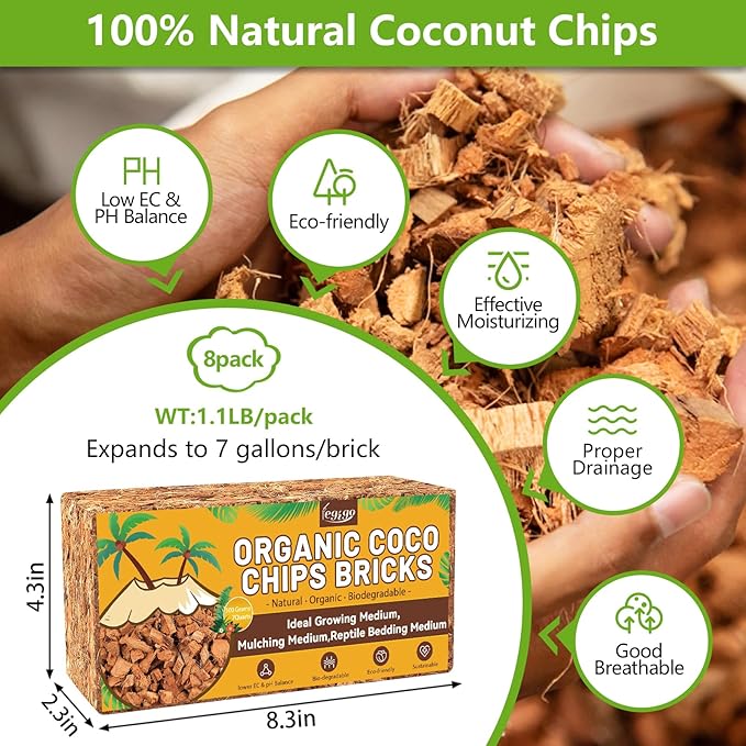 Legigo 8 Pack Coco Husk Chips- 8.8 LB 100% Organic Coconut Coir Chips Brick Potting Soil Mix with Low EC & PH Balance, Compressed Coconut Substrate Coco Chips Mulch Medium for Garden, Flowers, Plants