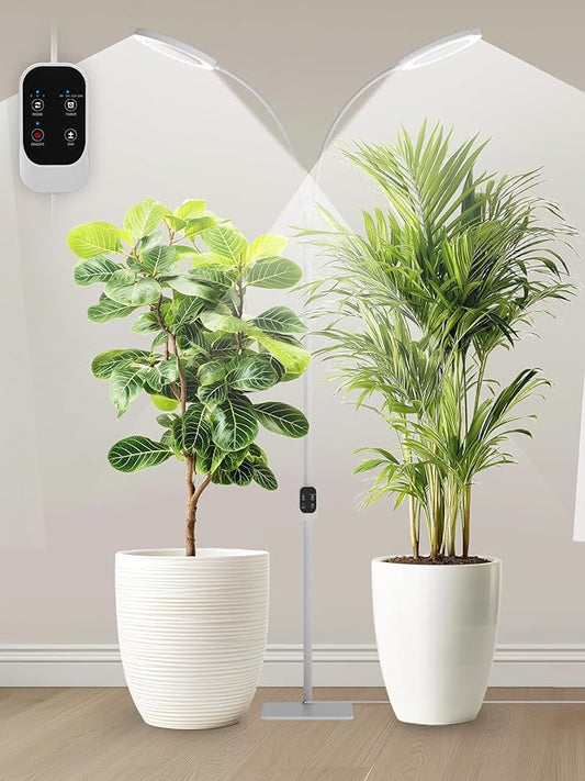 GLOWRIUM Grow Lights for Indoor Plants,Plant Light with 3/9/12/16H Grow Light Timer,2-Head 48W Full Spectrum LED Grow Light, 3 Lighting Mode and Stepless Dimming (White, 48W)