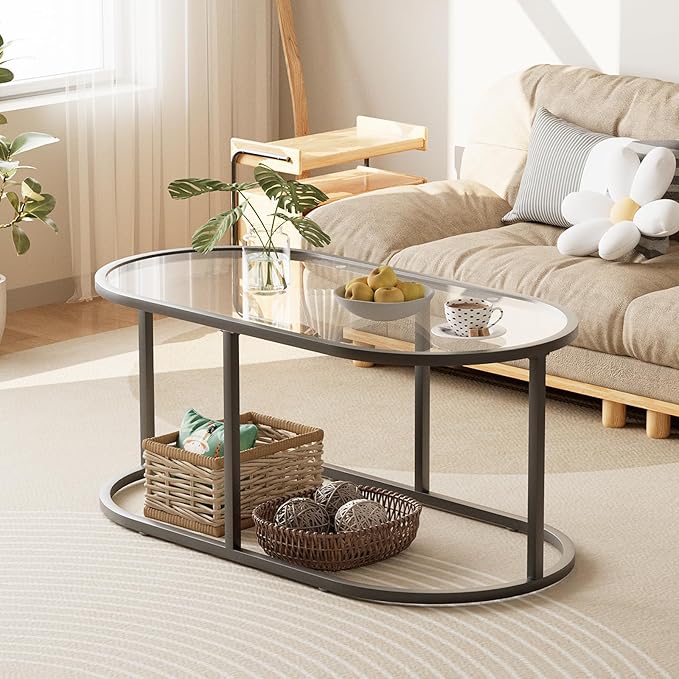 Coffee Table Black Glass Coffee Tables for Living Room, Oval Table Center Table with Sturdy Metal Frame,Modern Tempered Glass Accent Tables for Bedroom Home Office