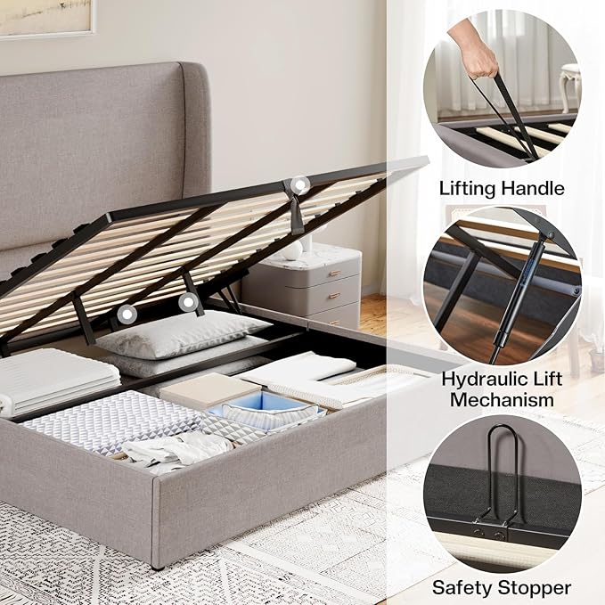 Jocisland Lift Up Storage Bed King Size Linen Upholstered Platform Bed Frame/Hydraulic Storage/Modern Wingback Headboard/No Box Spring Needed/Wood Slats Support/Light Grey