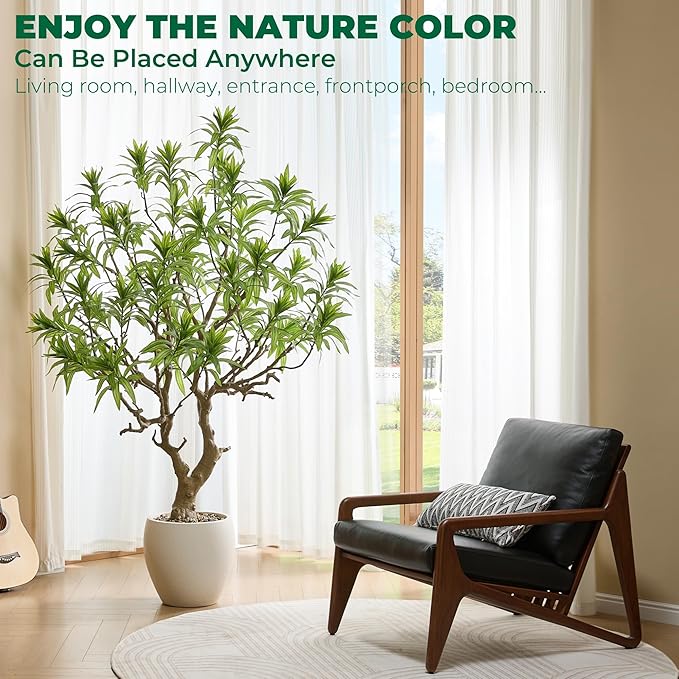 7 Feet Artificial Dracaena Reflexa, Large Faux Tree with White Pot, Tall Dracaena Tree, Fake Plants for Home & Office Decor, Realistic Wood Trunk and Lifelike Leaves