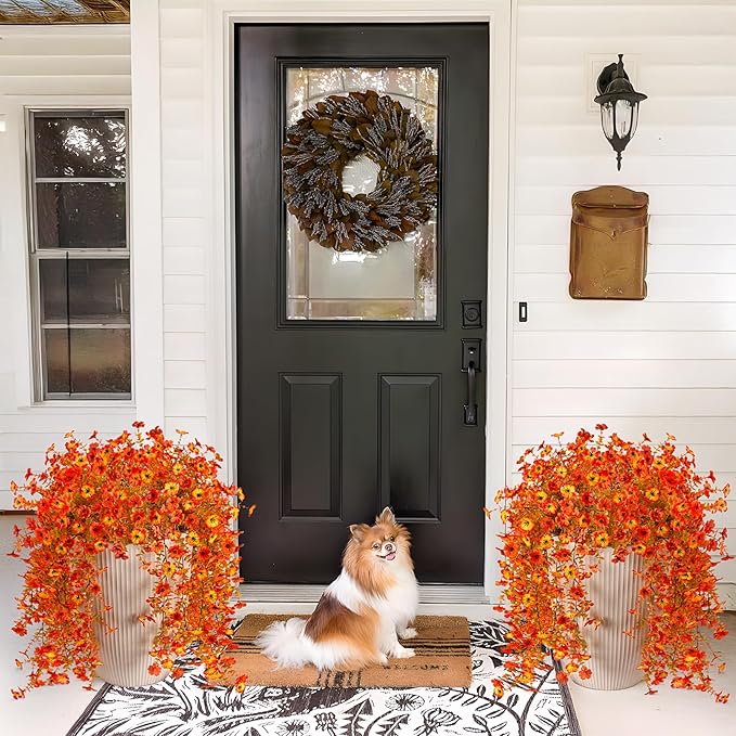 Fake Mums Artificial Fall Hanging Flowers for Outdoors Decoration 2 PCS Faux Mums for Outdoor Planters Fake Plants Look Real Daisy Flower No Fade Autumn Decor for Porch Home Patio Balcony and Yard