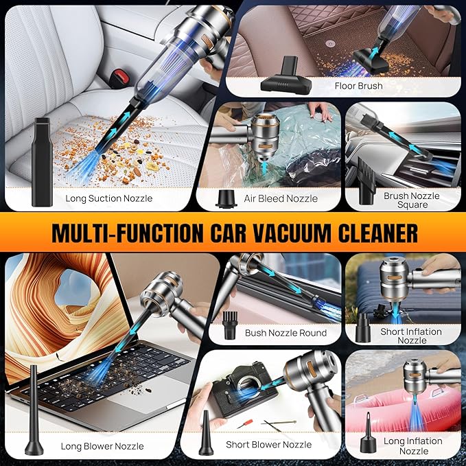 Mini Car Vacuum Cleaner,20000PA 4-in-1 Cordless Handheld Vacuum Cleaner with 6000mAh Battery Brushless Motor Hand Held Vacuum Air Duster & Air Blower & Pump for Car,Office and Home Cleaning