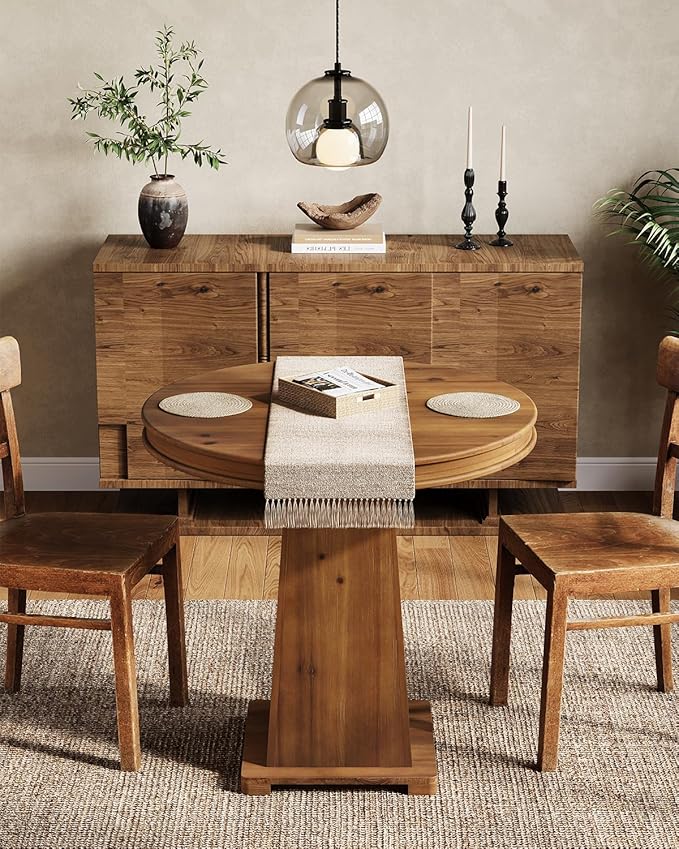 LITTLE TREE Solid Wood Round Dining Table, 31.5" Small Kitchen Table for 2, Modern Farmhouse Dinner Table for Dining Room, Kitchen, Living Room, Artistic Geometric Base (Rustic Brown)