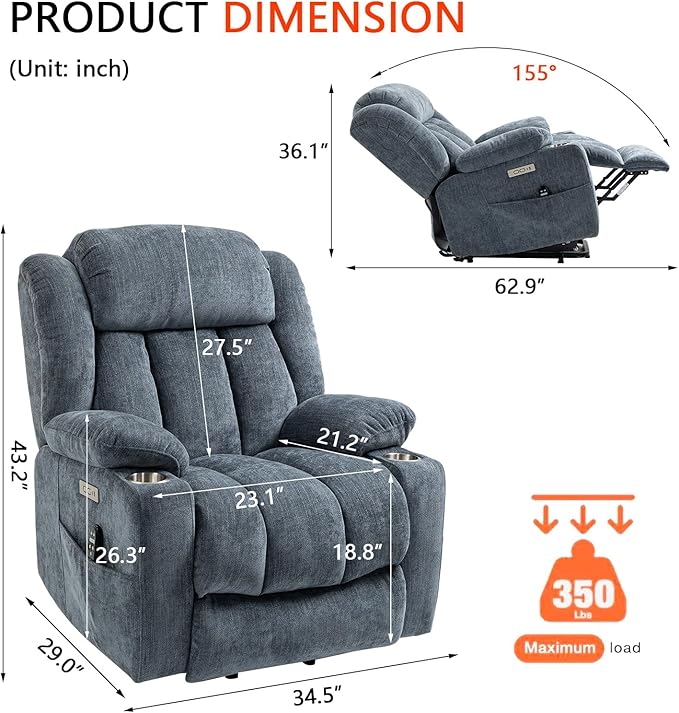 Power Lift Recliner Chair, 350lb Capacity with 8-Point Massage & Heating, USB/Type-C Ports & Cup Holders, Heavy Duty Chenille Recliner for Elderly, Blue Grey