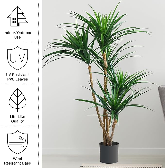 Pure Garden Artificial Tree - 51-Inch Tropical Yucca Plant with Rubber Leaves and Natural Trunk for Living Room, Bedroom and Office - Faux Plants